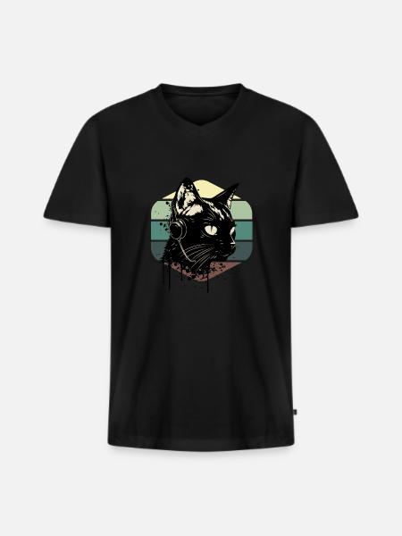 Cat Wearing Headphones | cat wearing earphones - Men's Premium Organic T-shirt with V-neck - black
