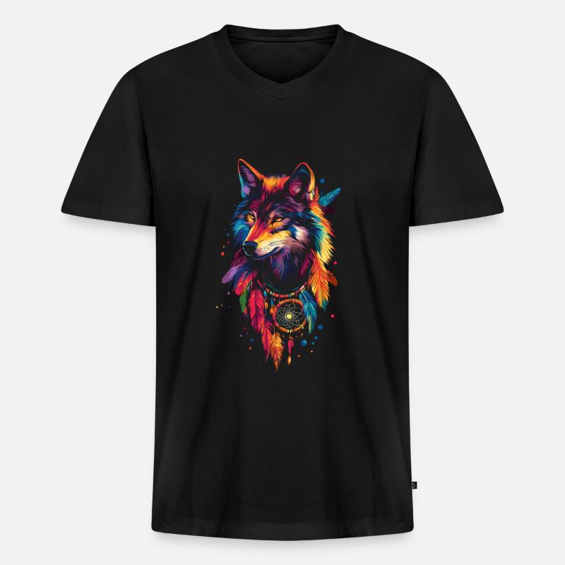 Wolf Traumfänger - Männer Premium Bio T-Shirt mit V-Ausschnitt - Schwarz