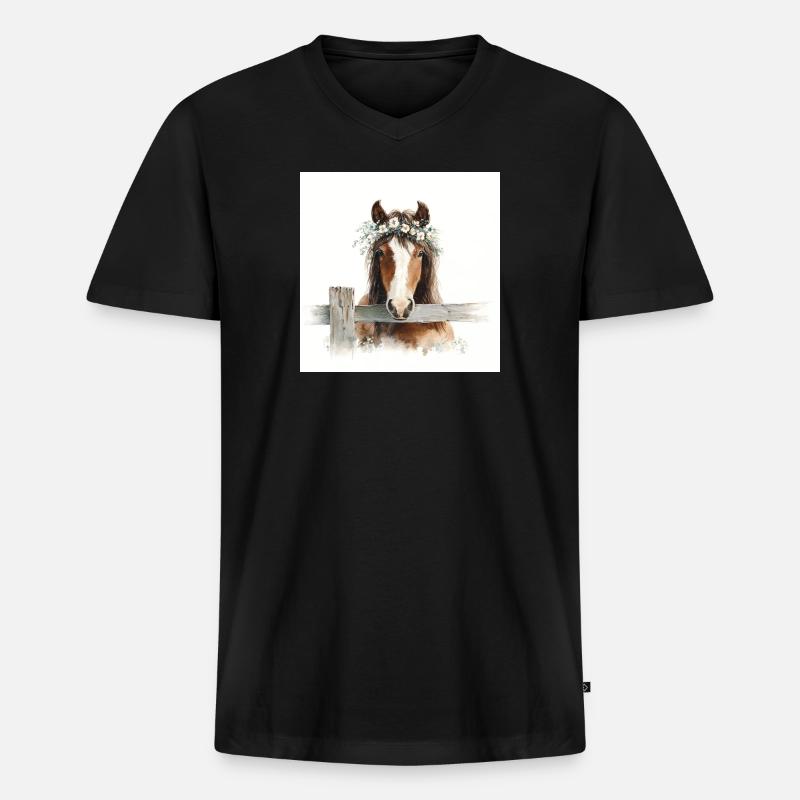 Aquarellpferd mit Blumenkrone - Männer Premium Bio T-Shirt mit V-Ausschnitt - Schwarz