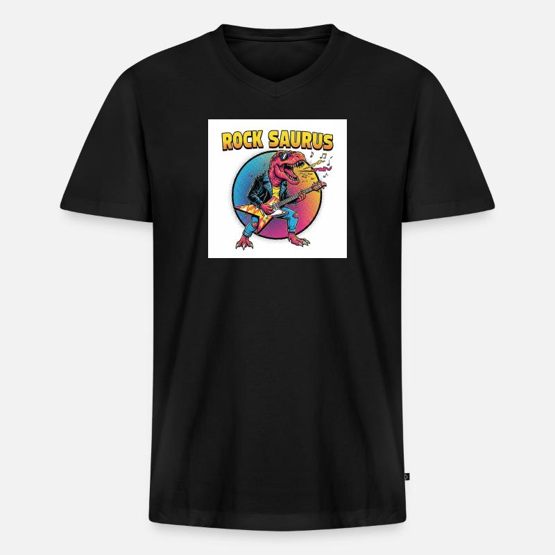 Rock Saurus Gitarrenheld - Männer Premium Bio T-Shirt mit V-Ausschnitt - Schwarz