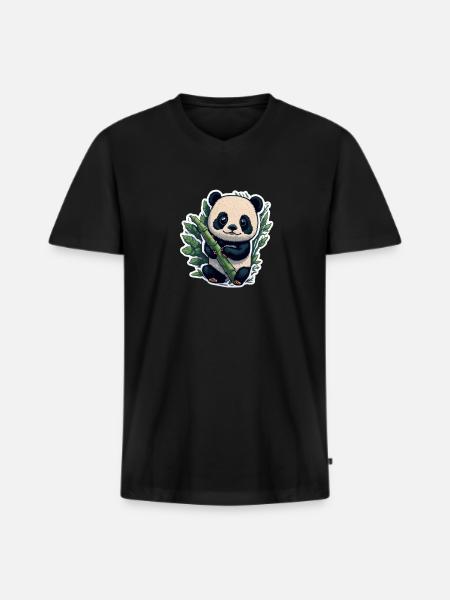 Cute Panda with Bamboo - Männer Premium Bio T-Shirt mit V-Ausschnitt - Schwarz