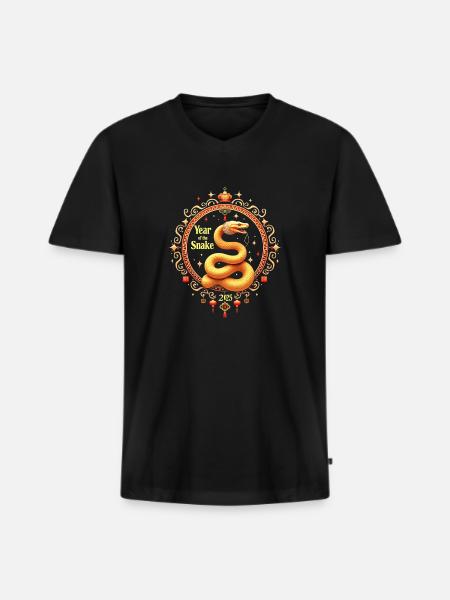 Chine heureuse - Serpent 2025 - T-shirt encolure en V Premium bio Homme - noir