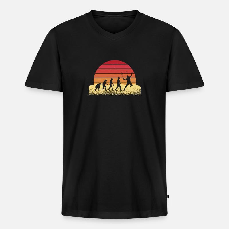 Evolution Badminton Retro Sonnenuntergang Design - Männer Premium Bio T-Shirt mit V-Ausschnitt - Schwarz