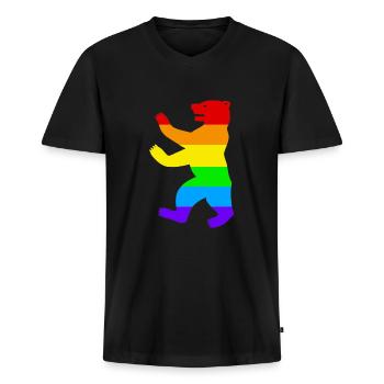 Ours de Berlin / Ours de la fierté / Arc-en-ciel - T-shirt encolure en V Premium bio Homme - noir - Devant - Nico (187cm)
