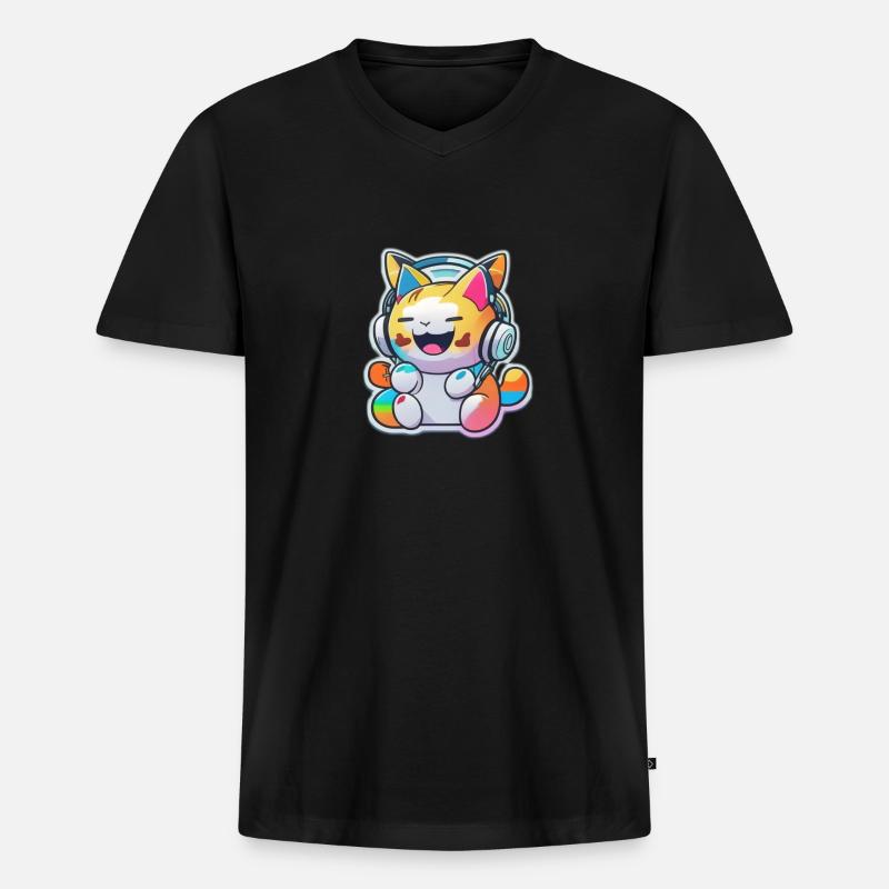 Rainbow Cat - Männer Premium Bio T-Shirt mit V-Ausschnitt - Schwarz