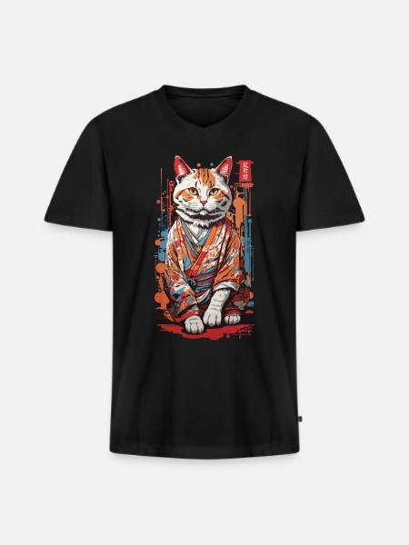 Japansk Kimono Cat Geisha Kawaii Katte Kunst - Premium økologisk T-shirt med V-hals til mænd - sort