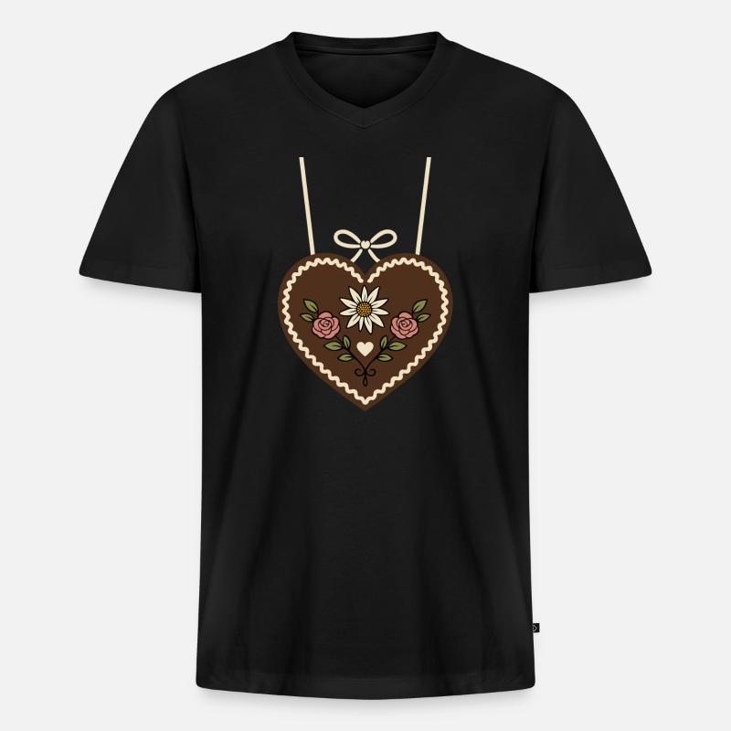 Lebkuchenherz mit Edelweiß & Rosen - Männer Premium Bio T-Shirt mit V-Ausschnitt - Schwarz