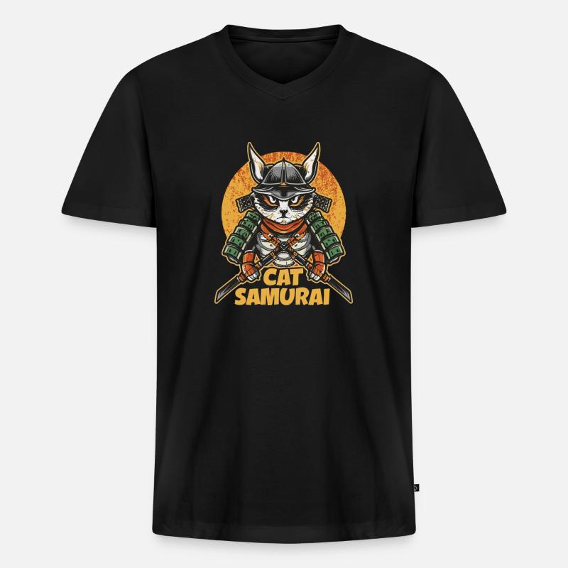 Katze Samurai - Männer Premium Bio T-Shirt mit V-Ausschnitt - Schwarz