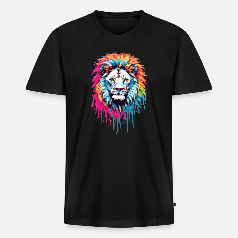 Bunter Löwenkopf - Männer Premium Bio T-Shirt mit V-Ausschnitt - Schwarz