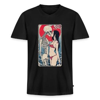 Beach kiss - Männer Premium Bio T-Shirt mit V-Ausschnitt - Schwarz - Vorne - Nico (187cm)