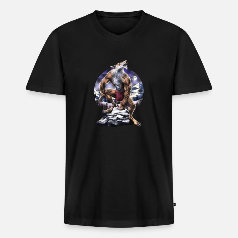 Werwolf Vollmond heult - Männer Premium Bio T-Shirt mit V-Ausschnitt - Schwarz