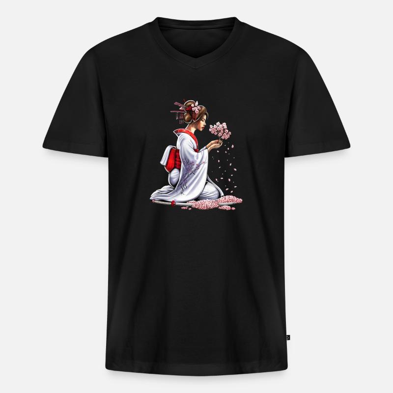Japanisches Samurai-Mädchen - Männer Premium Bio T-Shirt mit V-Ausschnitt - Schwarz