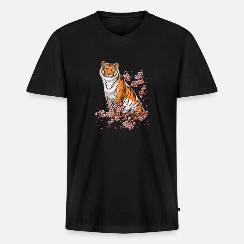 Kirschblüten-Tiger - Männer Premium Bio T-Shirt mit V-Ausschnitt - Schwarz
