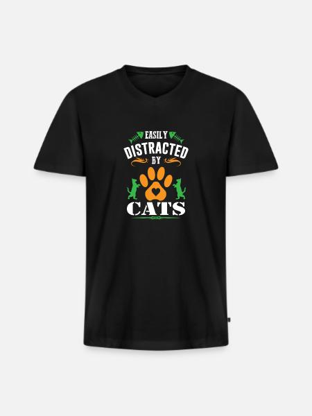 EASILY DISTRACTED BY CATS - Men's Premium Organic T-shirt with V-neck - black