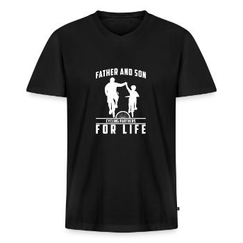 Vater und Sohn - Papa und Sohn Fahrrad Geschenk - Männer Premium Bio T-Shirt mit V-Ausschnitt - Schwarz - Vorne - Nico (187cm)
