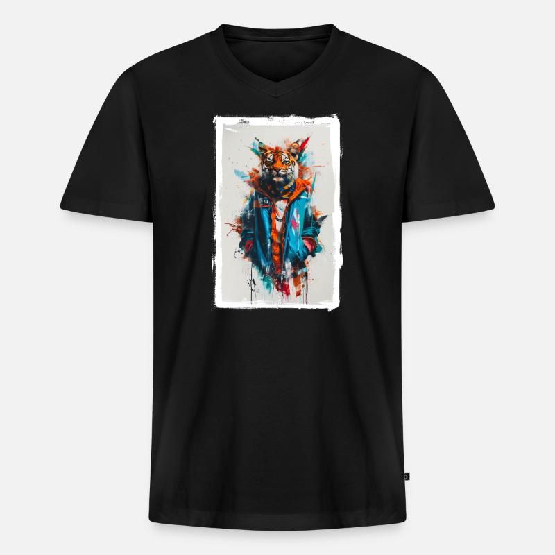 Bunter Tiger - Männer Premium Bio T-Shirt mit V-Ausschnitt - Schwarz