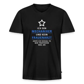 ICH BIN MECHANIKER UND KEIN FRAUENARZT / ABER... - Männer Premium Bio T-Shirt mit V-Ausschnitt - Schwarz - Vorne - Nico (187cm)