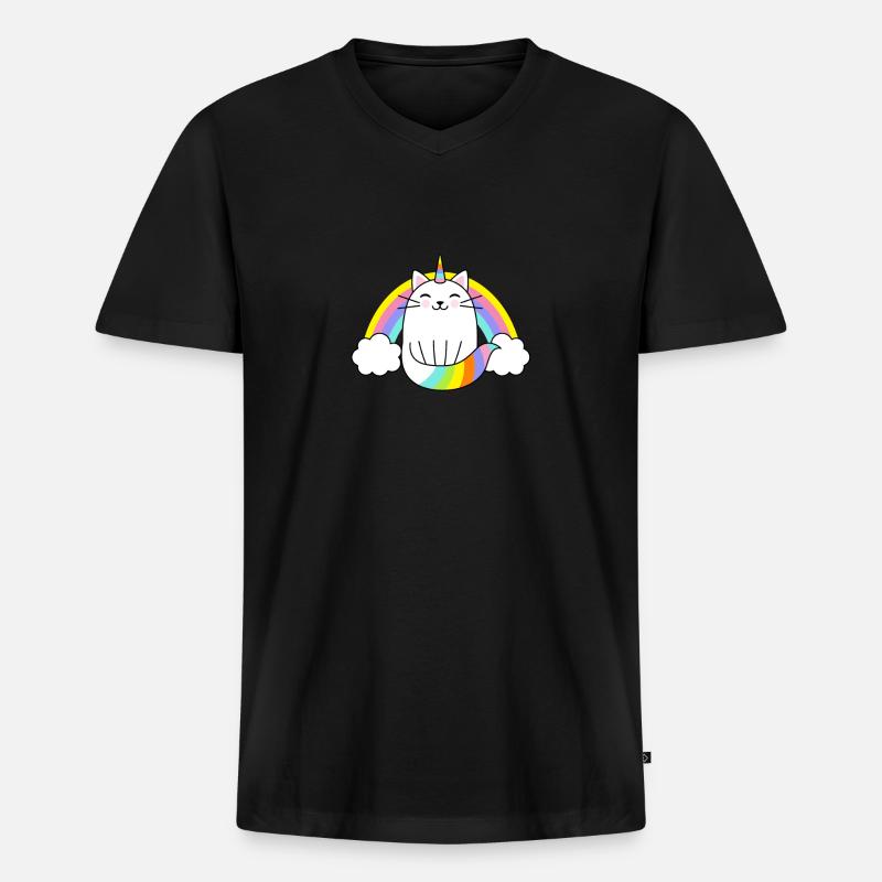 Einhorn Katze Regenbogen - Männer Premium Bio T-Shirt mit V-Ausschnitt - Schwarz