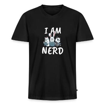 Nerd Lesen Videospiel Internet Hase Katze Panda - Männer Premium Bio T-Shirt mit V-Ausschnitt - Schwarz - Vorne - Nico (187cm)
