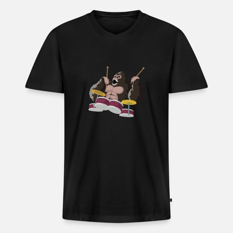 Gorilla spielt Schlagzeug - Männer Premium Bio T-Shirt mit V-Ausschnitt - Schwarz