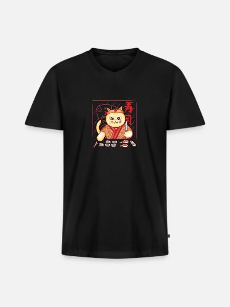 Kawaii Cat Sushi Master Sensei I Love Sushi - Ekologiczna męska koszulka z dekoltem w serek Premium - czarny