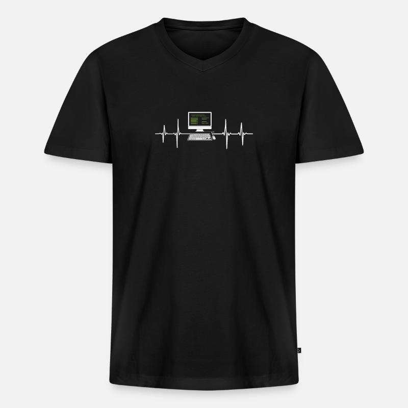 Programmierer EKG Herzschlag Computer Desktop - Männer Premium Bio T-Shirt mit V-Ausschnitt - Schwarz