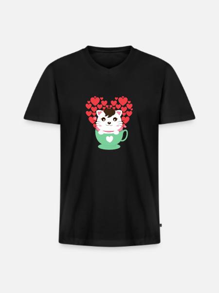 Cat with hearts - Men's Premium Organic T-shirt with V-neck - black