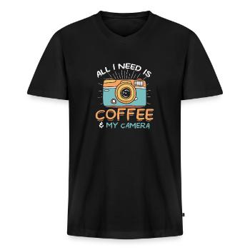 All I Need Is Coffee And My Camera Photograph - Men's Premium Organic T-shirt with V-neck - black - Front - Nico (187cm)