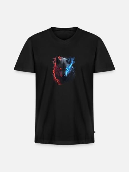 Roter und blauer Blitzwolf - Männer Premium Bio T-Shirt mit V-Ausschnitt - Schwarz