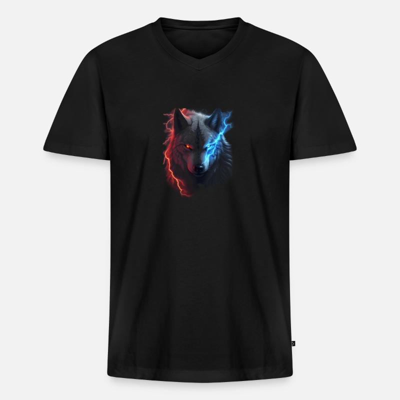 Roter und blauer Blitzwolf - Männer Premium Bio T-Shirt mit V-Ausschnitt - Schwarz