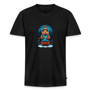Marmotte avec chapeau d’hiver Marmotte heureuse - T-shirt encolure en V Premium bio Homme - noir - Devant - Nico (187cm)