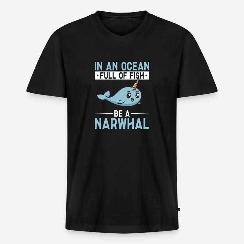 Narwal Einhornwal - Männer Premium Bio T-Shirt mit V-Ausschnitt - Schwarz