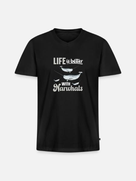 Narwal Einhornwal - Männer Premium Bio T-Shirt mit V-Ausschnitt - Schwarz