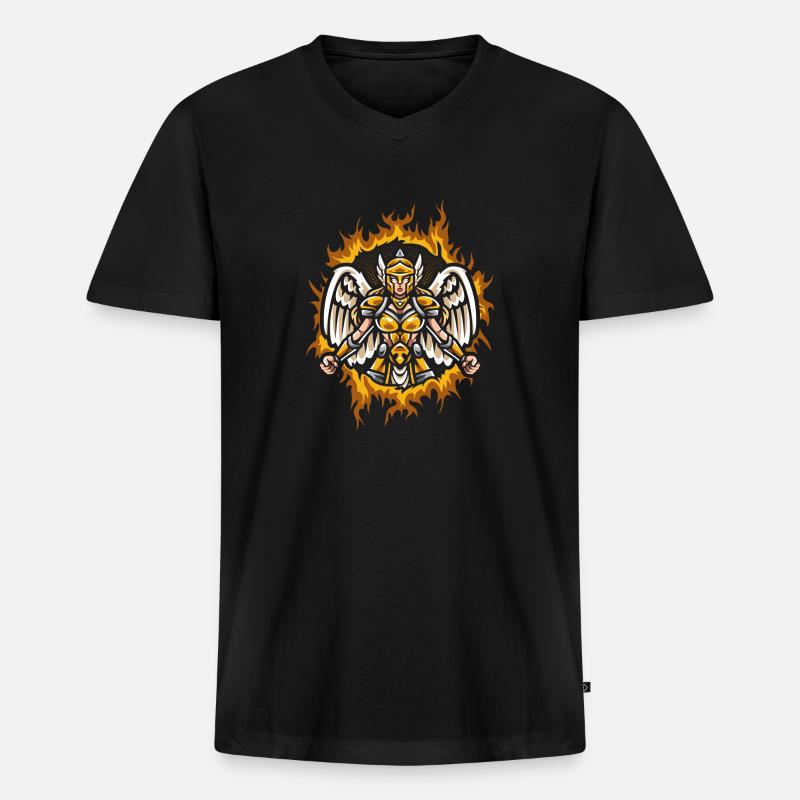 Valkyrie mit Halftone Fire Hintergrund - Männer Premium Bio T-Shirt mit V-Ausschnitt - Schwarz