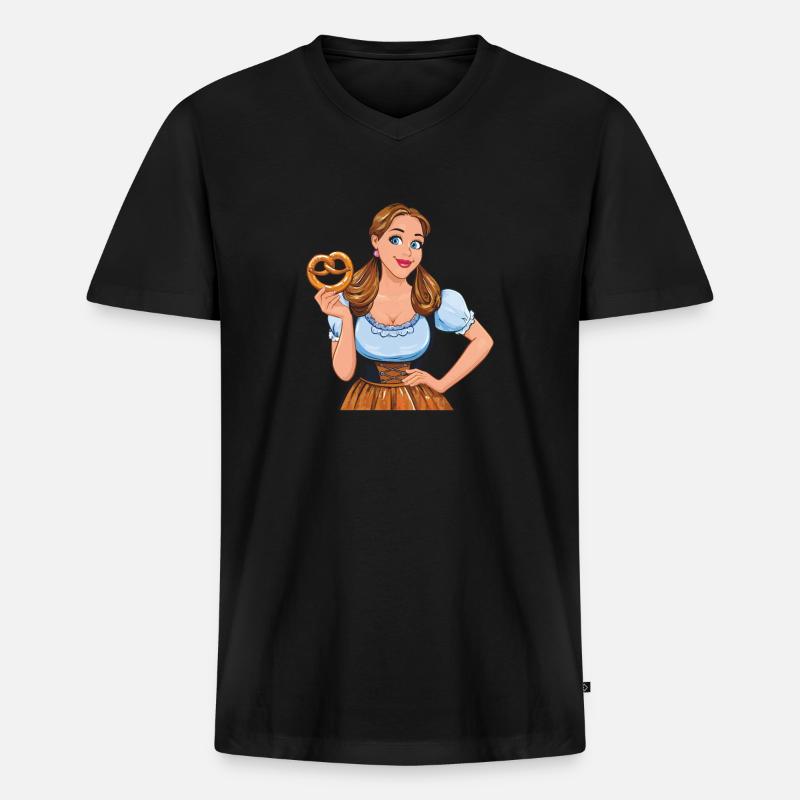 FRAU DIRNDL BREZEL - Männer Premium Bio T-Shirt mit V-Ausschnitt - Schwarz