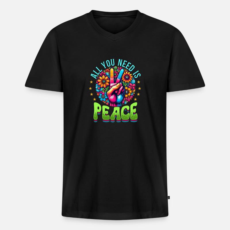 Frieden & Peace Zeichen, Blumen - Männer Premium Bio T-Shirt mit V-Ausschnitt - Schwarz