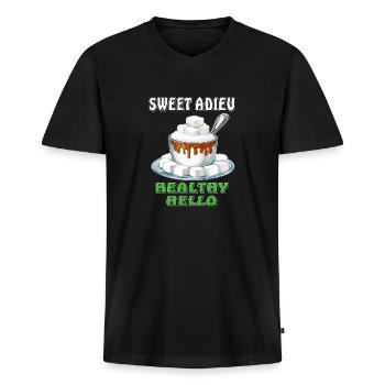 ZUCKER SWEET ADIEU HEALTHY HELLO - Männer Premium Bio T-Shirt mit V-Ausschnitt - Schwarz - Vorne - Nico (187cm)