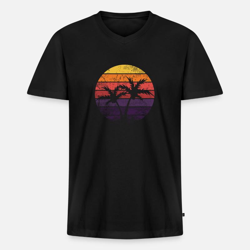 Retro Sonne Palmen - Männer Premium Bio T-Shirt mit V-Ausschnitt - Schwarz