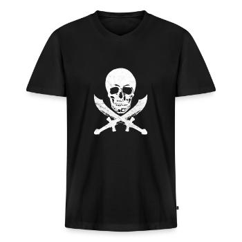Totenkopf Pirat Säbel Freibeuter Piratenflagge - Männer Premium Bio T-Shirt mit V-Ausschnitt - Schwarz - Vorne - Nico (187cm)