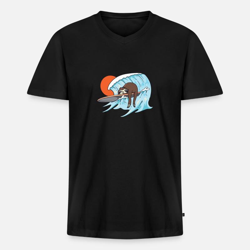 Surfendes Surfer Faultier - Männer Premium Bio T-Shirt mit V-Ausschnitt - Schwarz