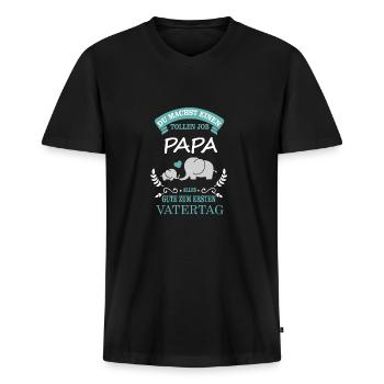 Erster Vatertag - Elefant - Männer Premium Bio T-Shirt mit V-Ausschnitt - Schwarz - Vorne - Nico (187cm)