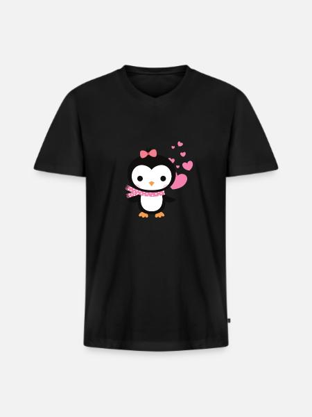 Sød pingvin med hjerte fejrer kærlighed - Premium økologisk T-shirt med V-hals til mænd - sort