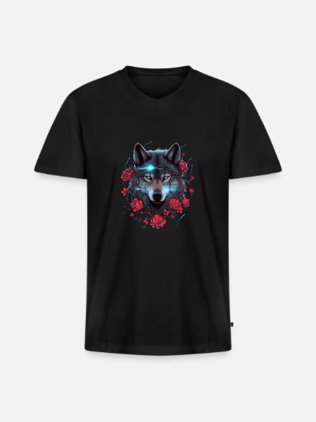 Wolf and Roses Lightning - Men's Premium Organic T-shirt with V-neck - black