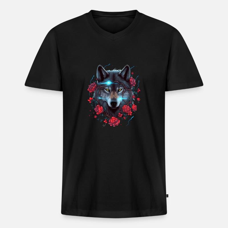 Wolf und Rosen Blitz - Männer Premium Bio T-Shirt mit V-Ausschnitt - Schwarz