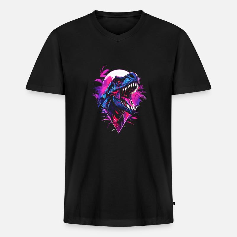 Synthwave T Rex - Männer Premium Bio T-Shirt mit V-Ausschnitt - Schwarz