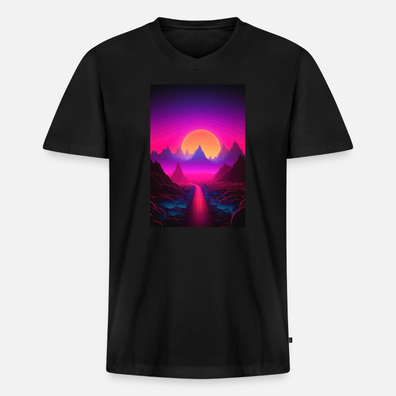 Luminous Peaks: Synthwave Serenity - Männer Premium Bio T-Shirt mit V-Ausschnitt - Schwarz