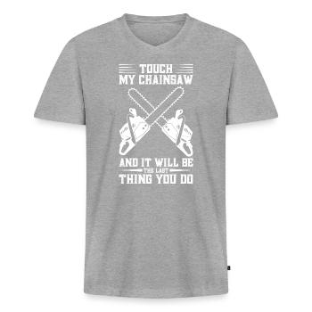 Arboriste Corde Bûcheron Outils Tronçonneuse H - T-shirt encolure en V Premium bio Homme - gris chiné - Devant