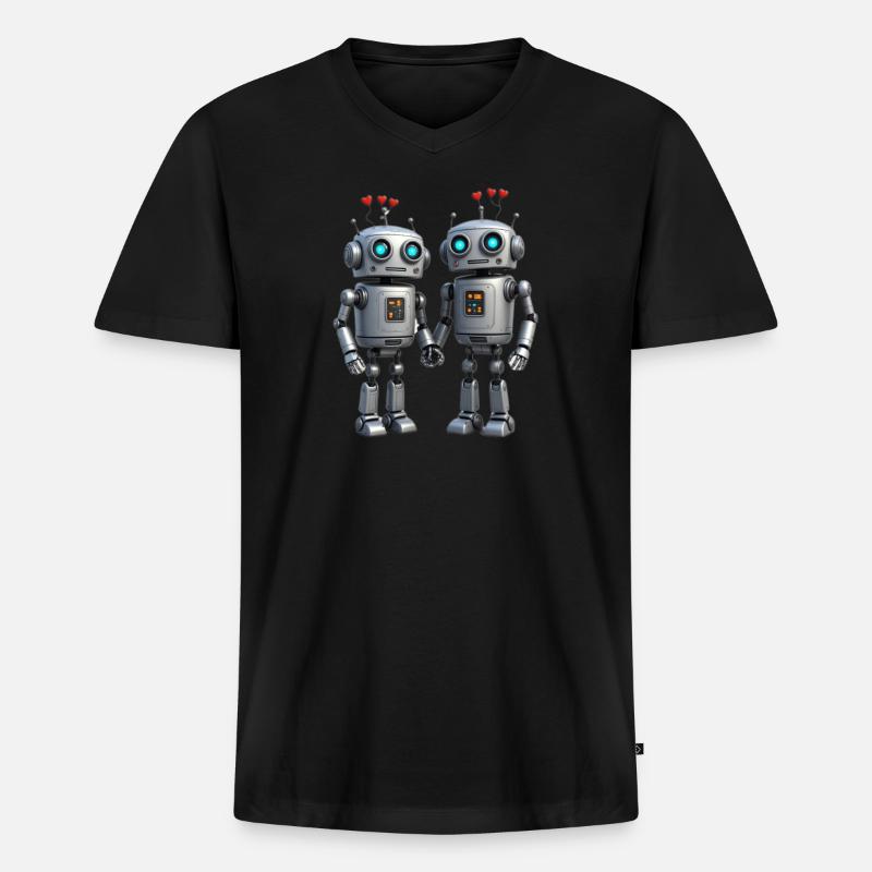 Roboter Pärchen nerds - Männer Premium Bio T-Shirt mit V-Ausschnitt - Schwarz