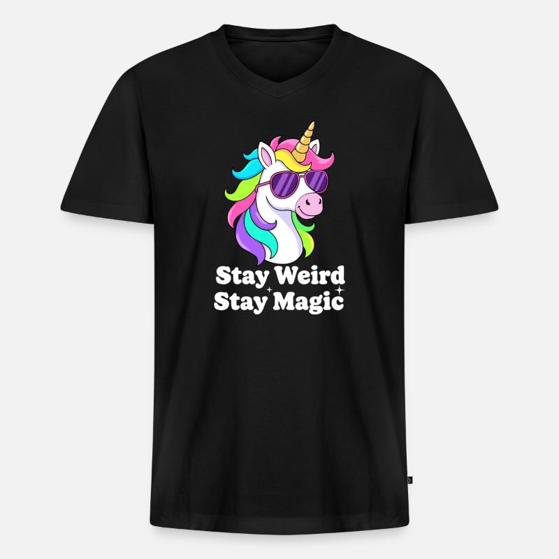Buntes Einhorn mit Sonnenbrille - Männer Premium Bio T-Shirt mit V-Ausschnitt - Schwarz