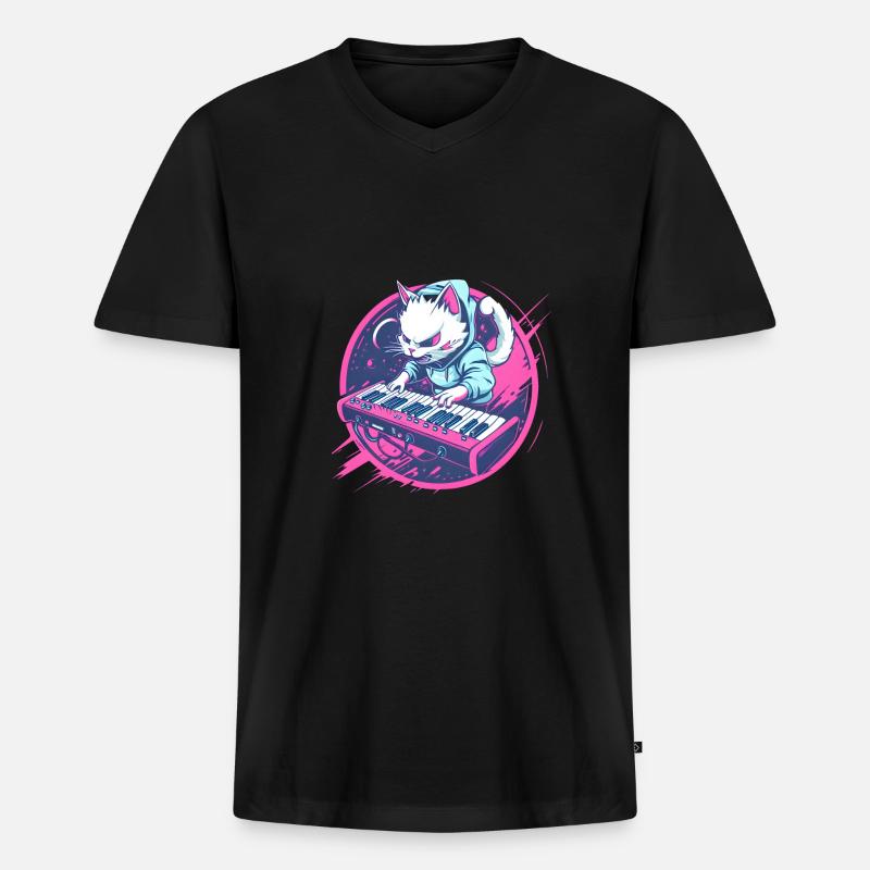 Synth Katze - Männer Premium Bio T-Shirt mit V-Ausschnitt - Schwarz